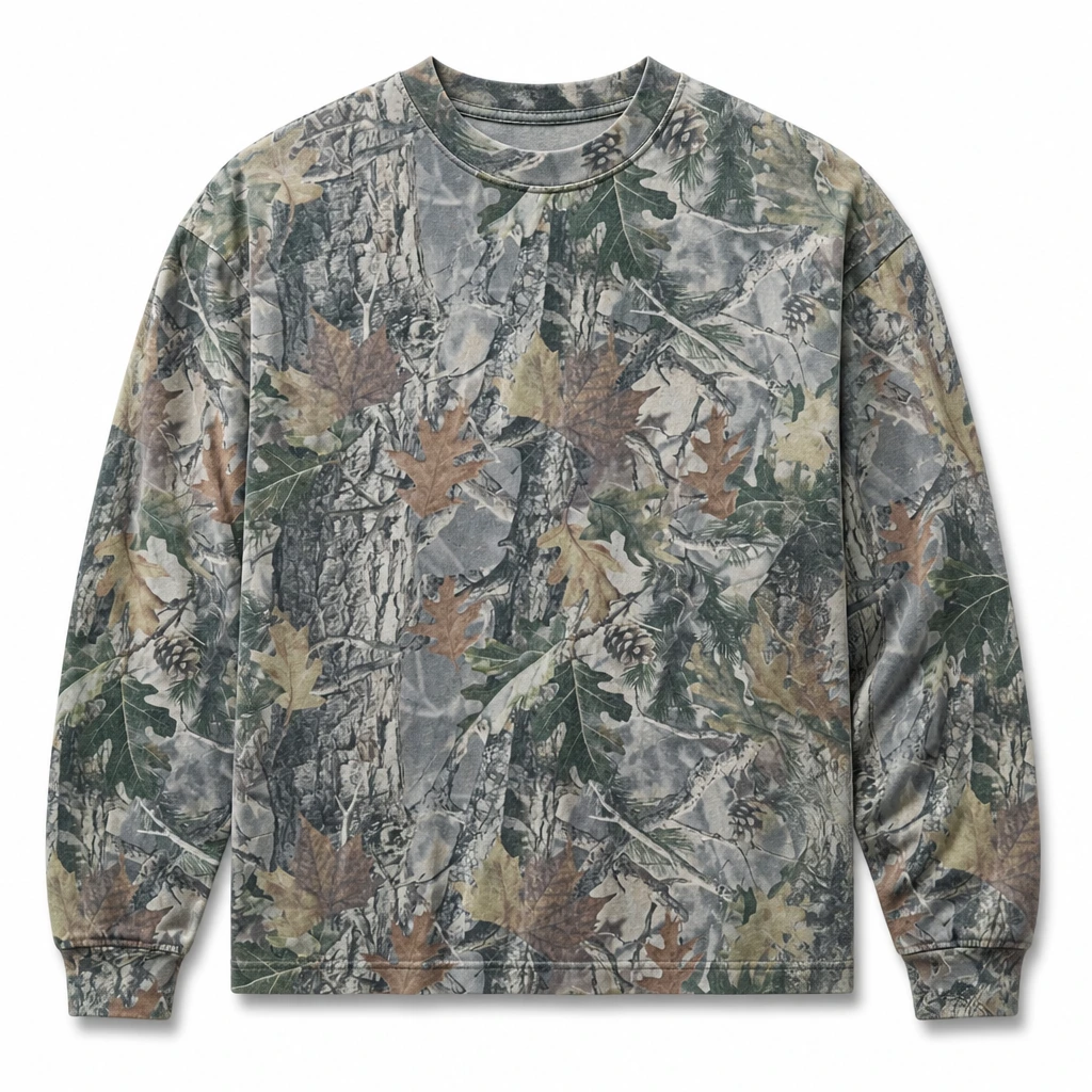 The Reserve Collection CCLSOT-VTWOOD 7.5 oz. Oversized Box L/S Tee Vintage Wood Camo front view for custom printing