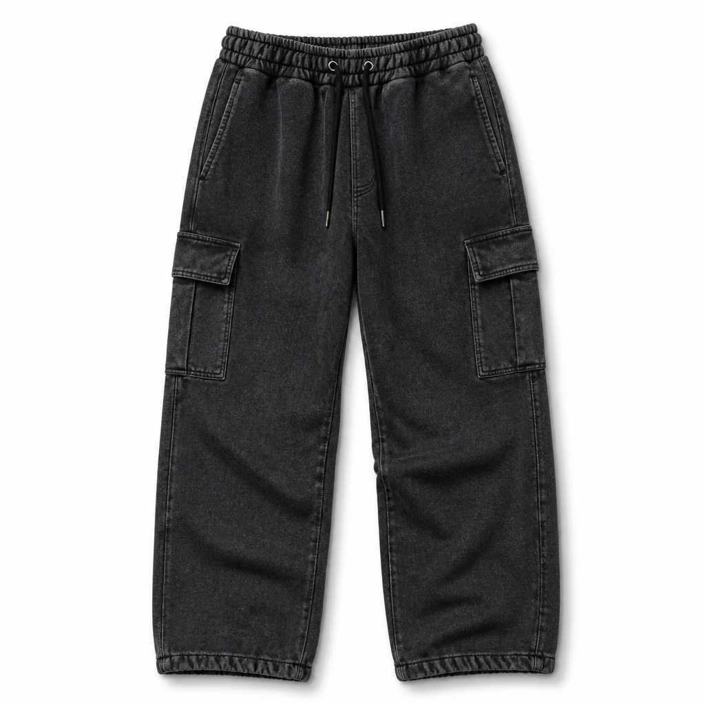The Reserve Collection BH302 Space City Acid Wash Cargo Sweats Black front view for custom printing