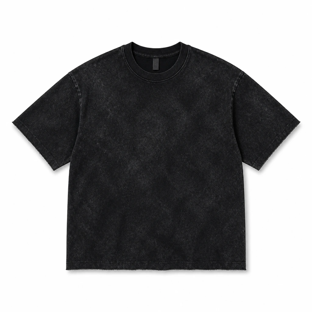The Reserve Collection BH1009 Acid Wash Raw Edge Tee Black front view for custom printing