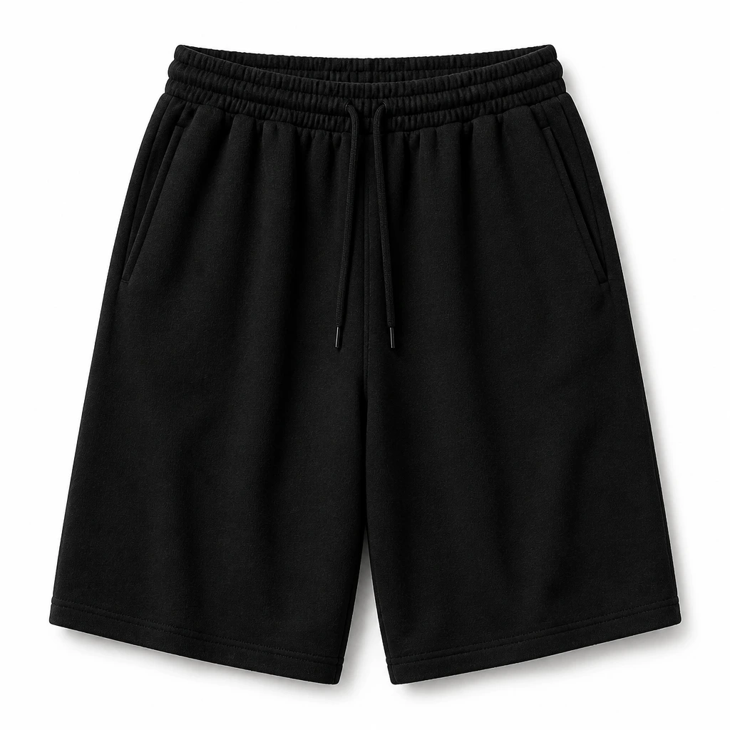 The Reserve Collection SHBFS Baggy Fleece Shorts Black front view for custom printing