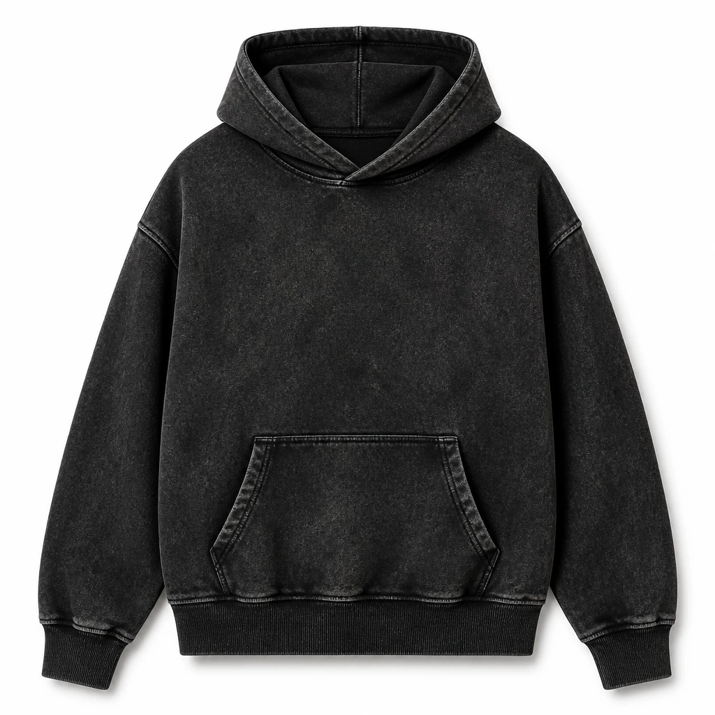 The Reserve Collection BH603 Crystal Wash Boxy Hoodie Black front view for custom printing