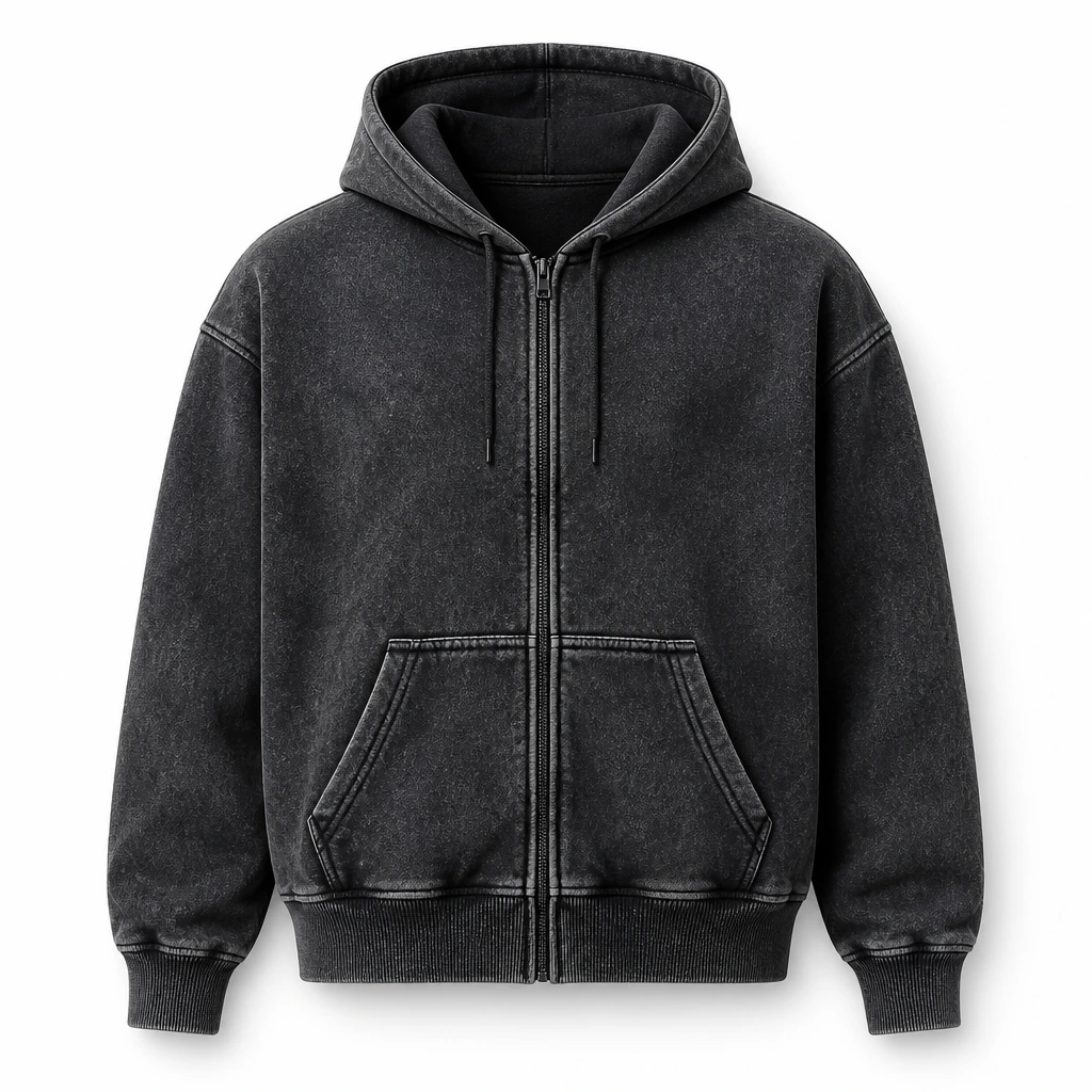 The Reserve Collection BH605 Crystal Wash Zipper Hoodie Black front view for custom printing