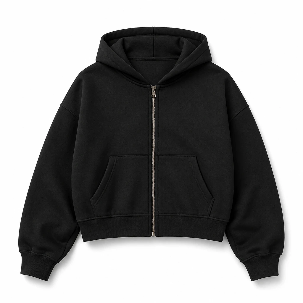 The Reserve Collection BH2002 Unisex Luxe Crop Zipper Hoodie Black front view for custom printing