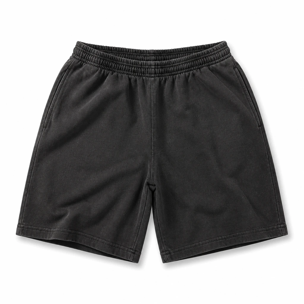 The Reserve Collection HF02GD Garment Dye 14 Oz. Heavy Fleece Mid-Length Short Vintage Black front view for custom printing