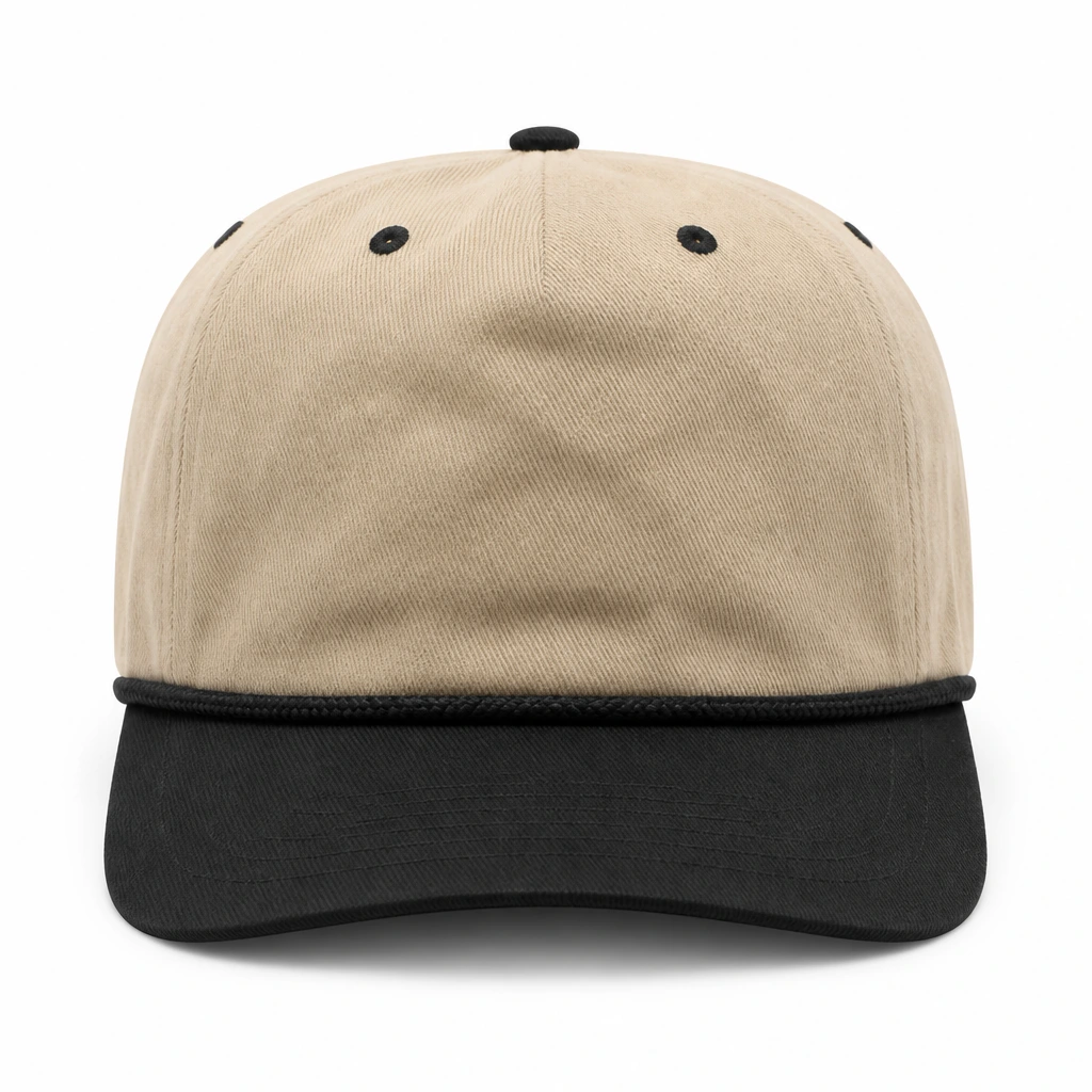 Twill Khaki Two Tone Unstructured Hat With Rope Khaki/Black front view for custom printing