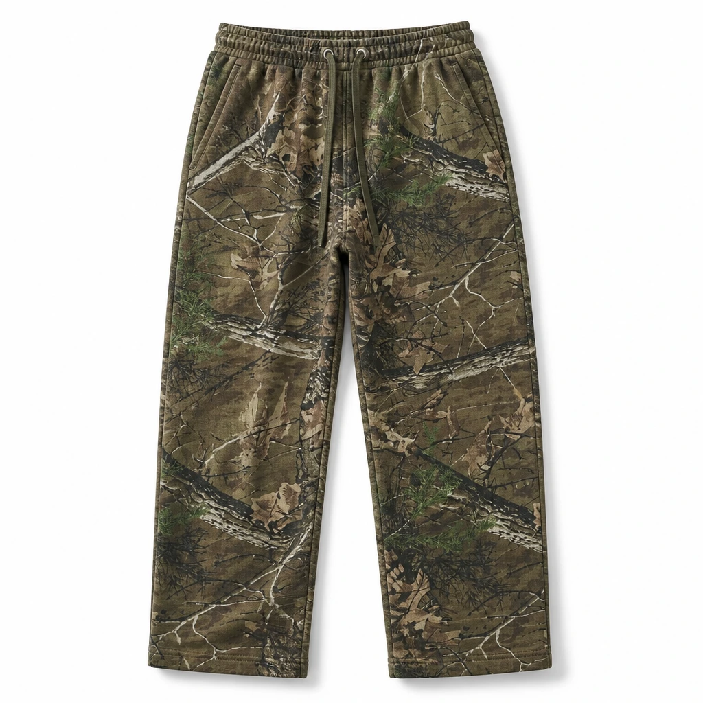 The Reserve Collection BH202 Woodland Baggy Pants Green Camo front view for custom printing