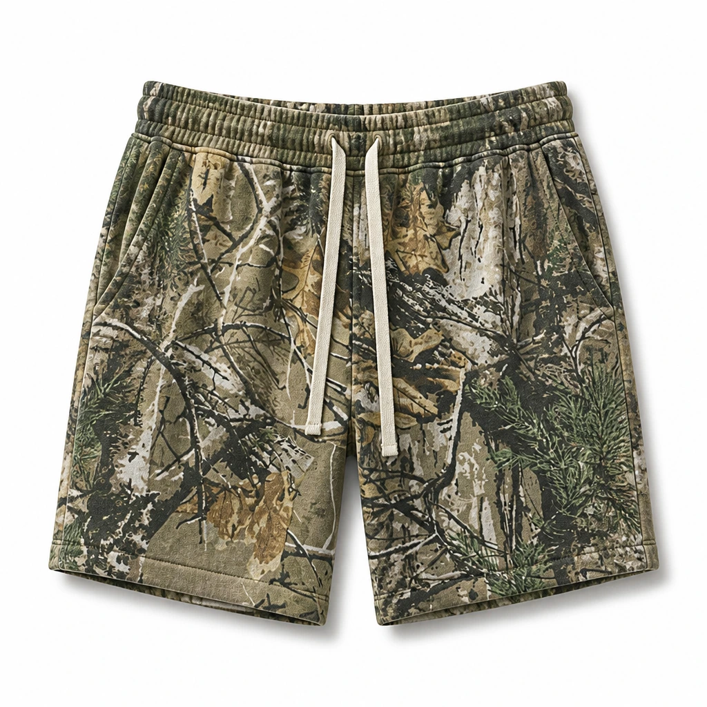 The Reserve Collection BH201 Woodland Fleece Shorts Green Camo front view for custom printing