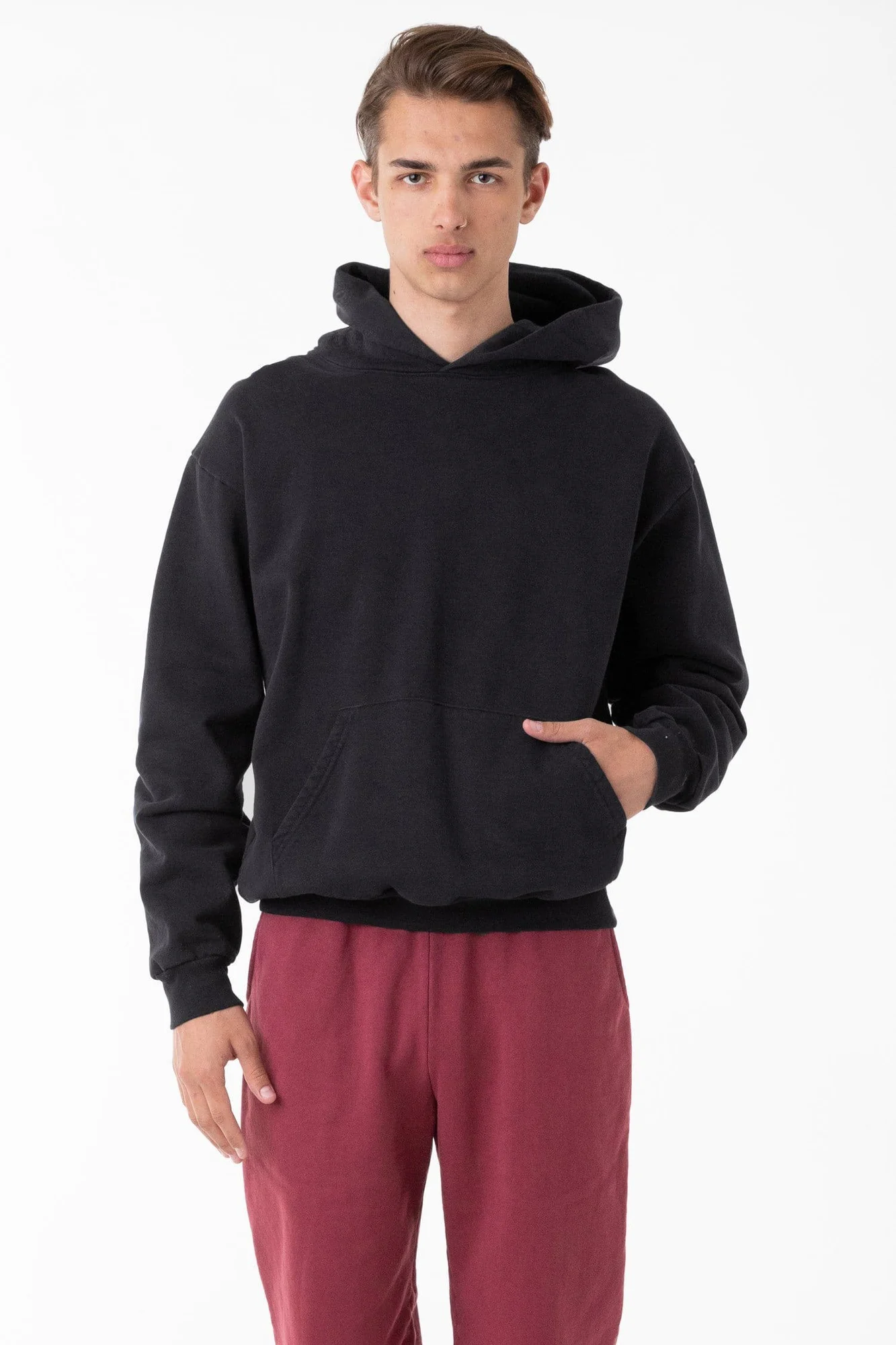 The Reserve Collection HF09GD 14 Oz. Garment Dye Heavy Fleece Stringless Hoodie Off-Black front view for custom printing