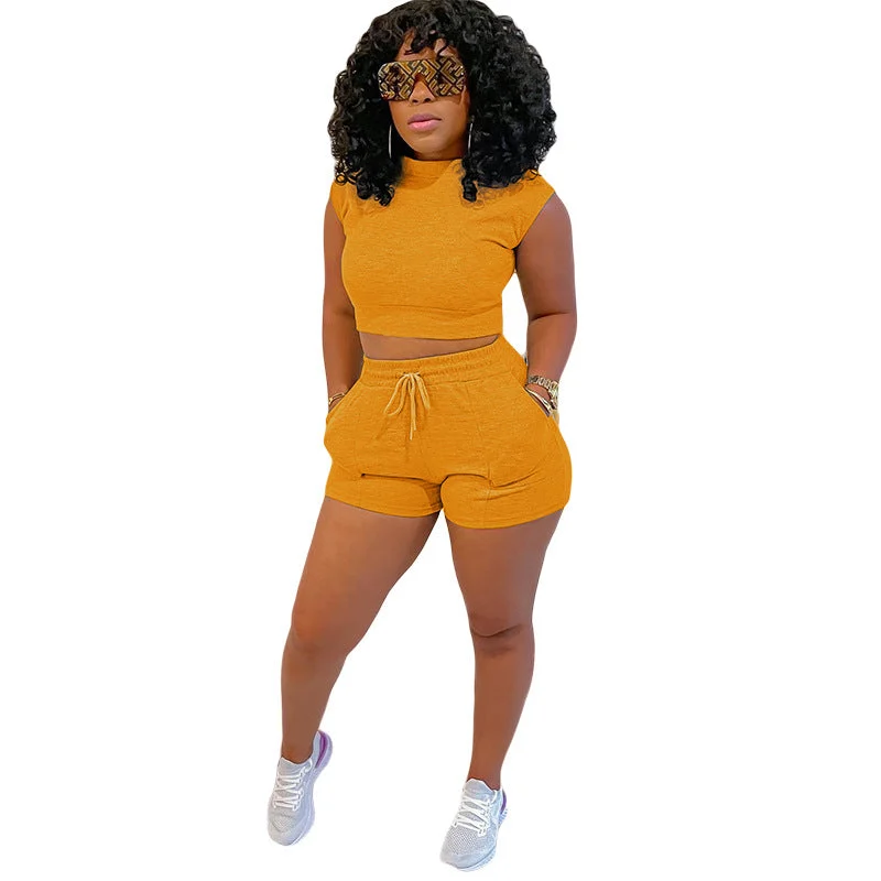 The Reserve Collection BH4004 Waffle Short Sleeves Crewneck Top and Drawstring Pocket Shorts Orange front view for custom printing